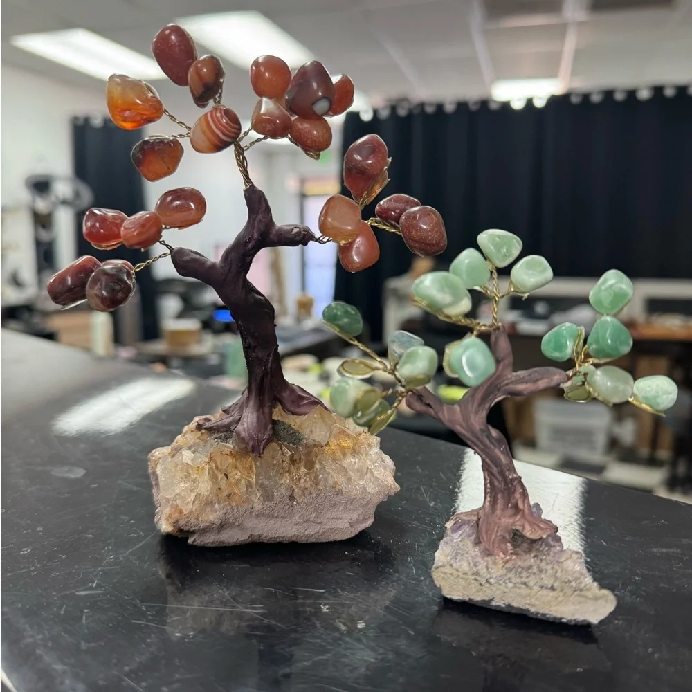 Crystal gem tree set. Green aventurine and carnelian. on an amethyst base.